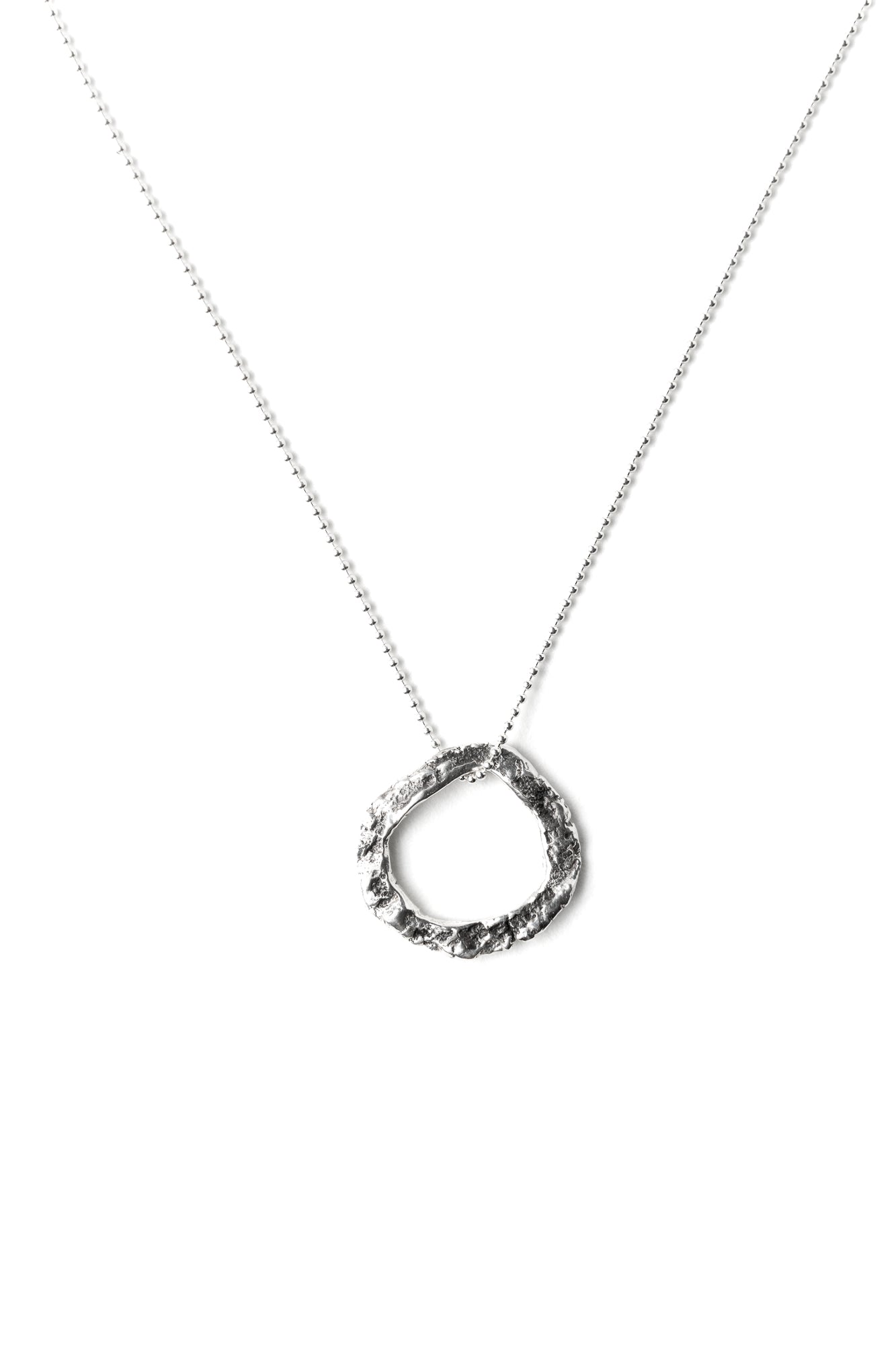 Sterling silver medium size circle frame pendant with molten texture. Comes with dainty bead silver chain